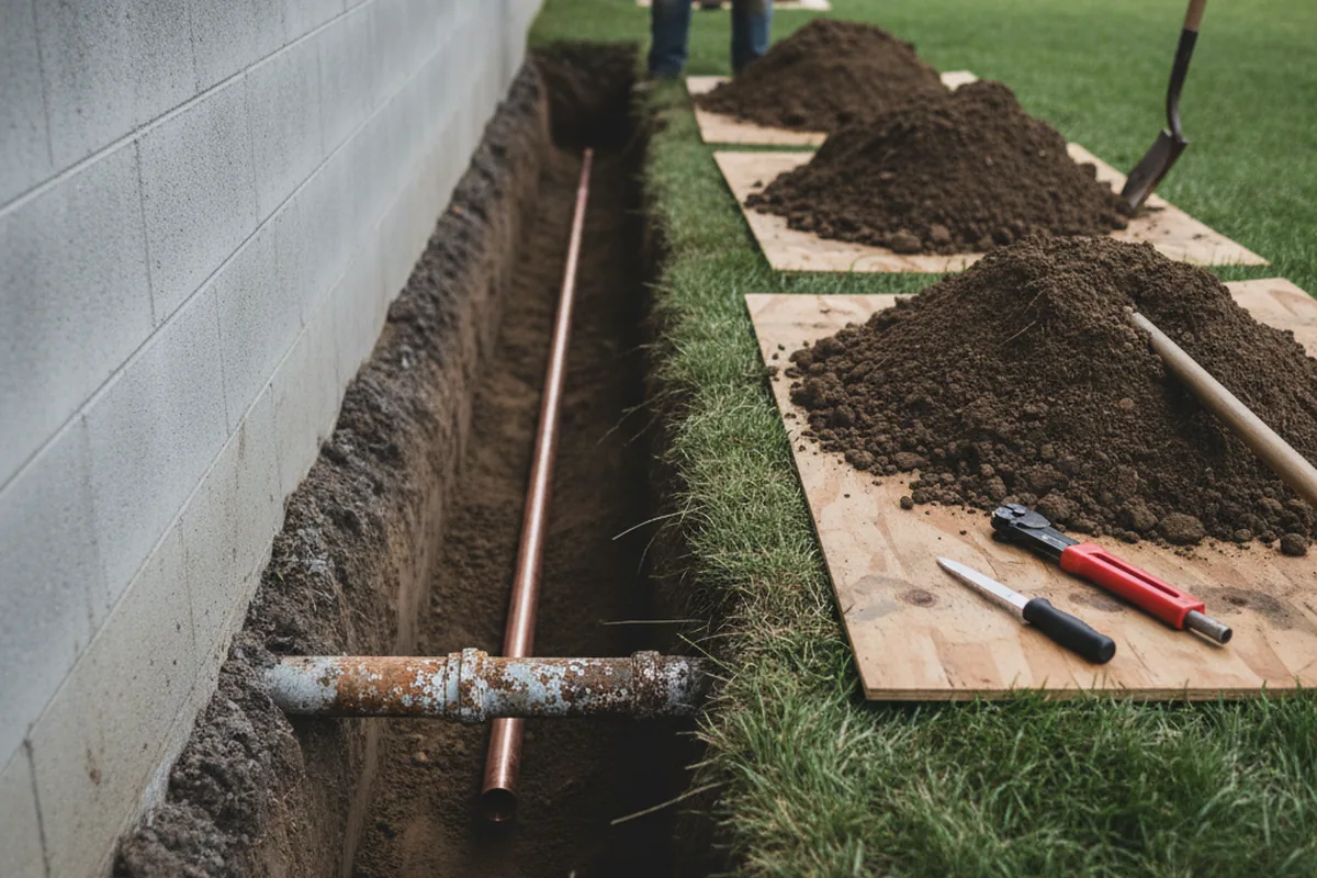 Excavated water line trench during Water Heater Repair in Ferndale